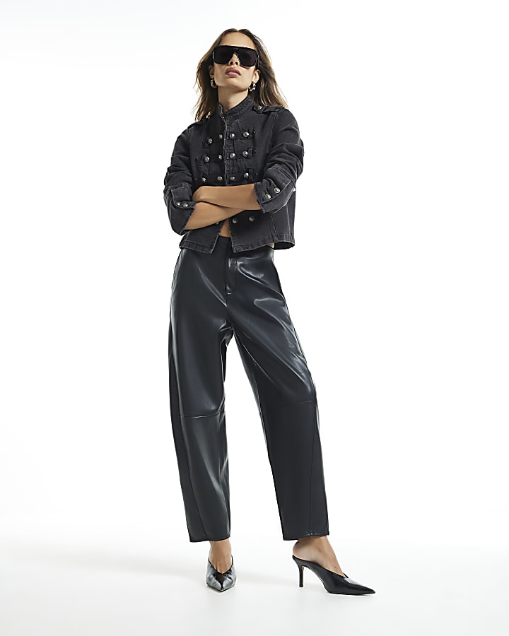 Black Faux Leather Barrel Leg Trousers