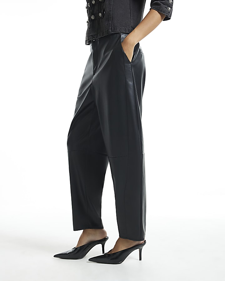 Black Faux Leather Barrel Leg Trousers