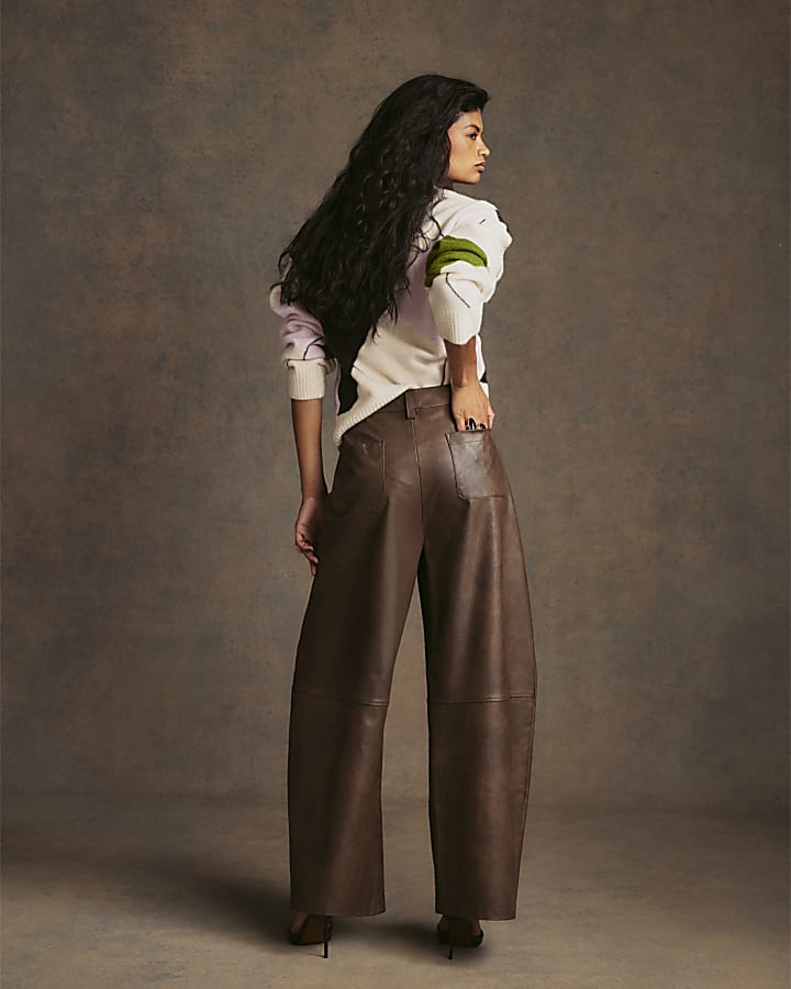 Brown Faux Leather Seamed Barrel Leg Trousers