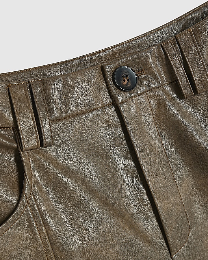 Brown Faux Leather Seamed Barrel Leg Trousers