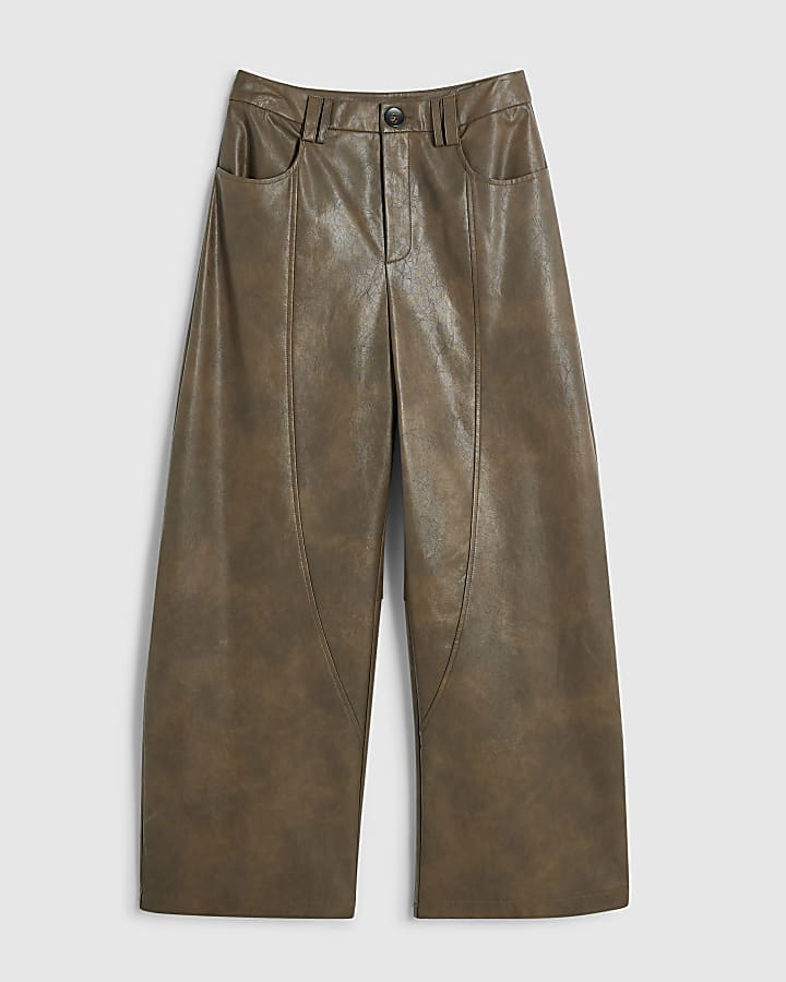Brown Faux Leather Seamed Barrel Leg Trousers
