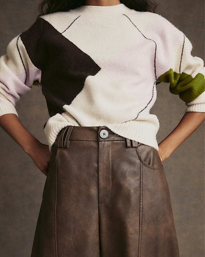 Brown Faux Leather Seamed Barrel Leg Trousers