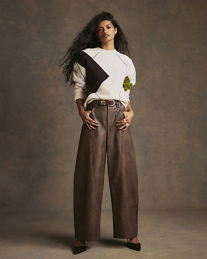 Brown Faux Leather Seamed Barrel Leg Trousers