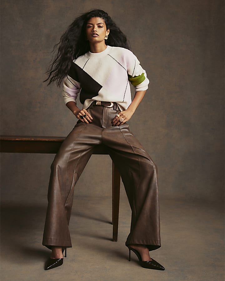 Brown Faux Leather Seamed Barrel Leg Trousers