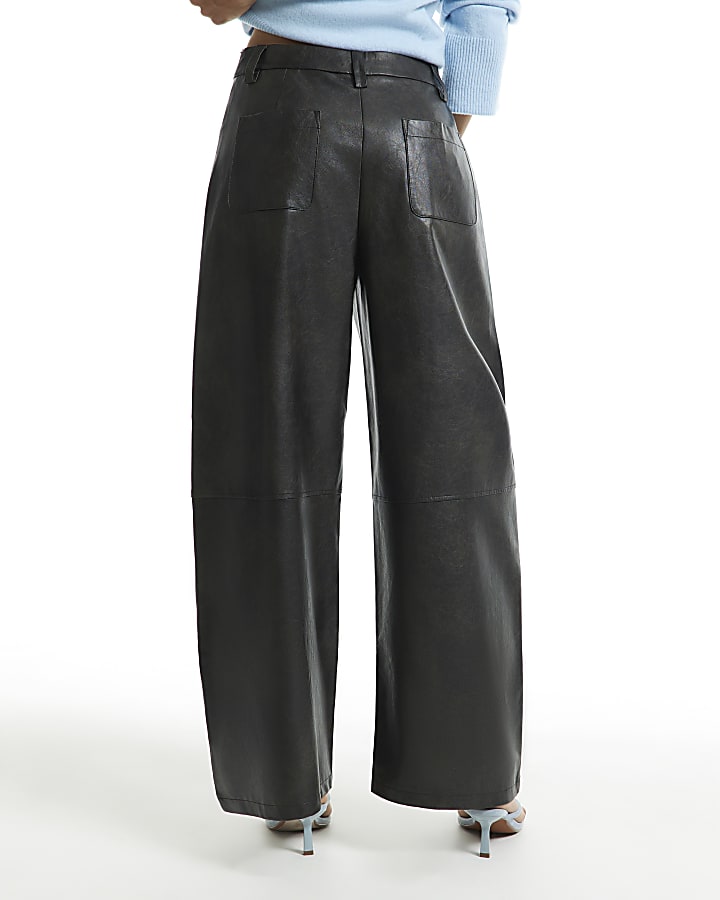 Brown Faux Leather Seamed Barrel Leg Trousers