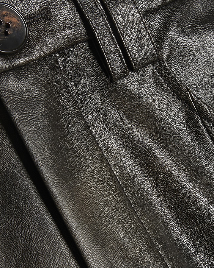 Brown Faux Leather Seamed Barrel Leg Trousers