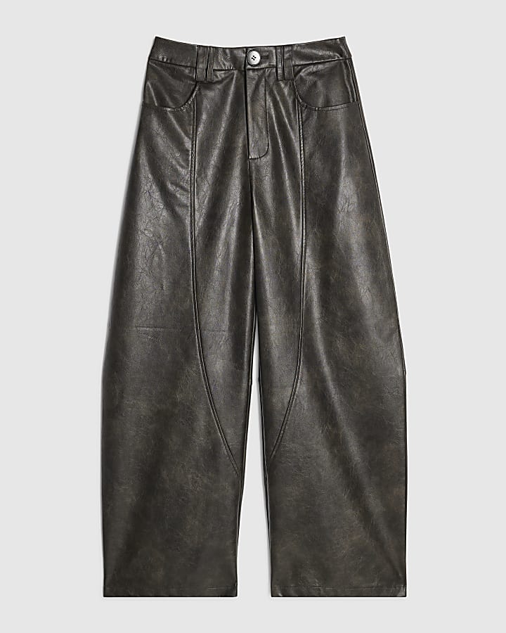Brown Faux Leather Seamed Barrel Leg Trousers