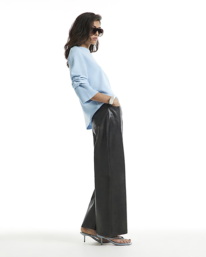Brown Faux Leather Seamed Barrel Leg Trousers
