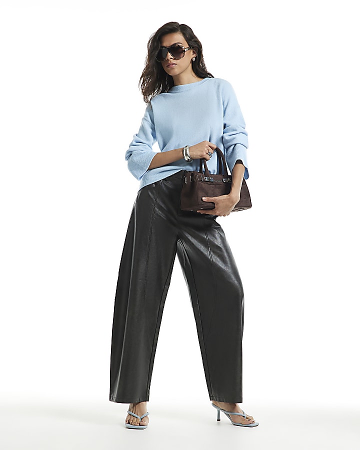 Brown Faux Leather Seamed Barrel Leg Trousers