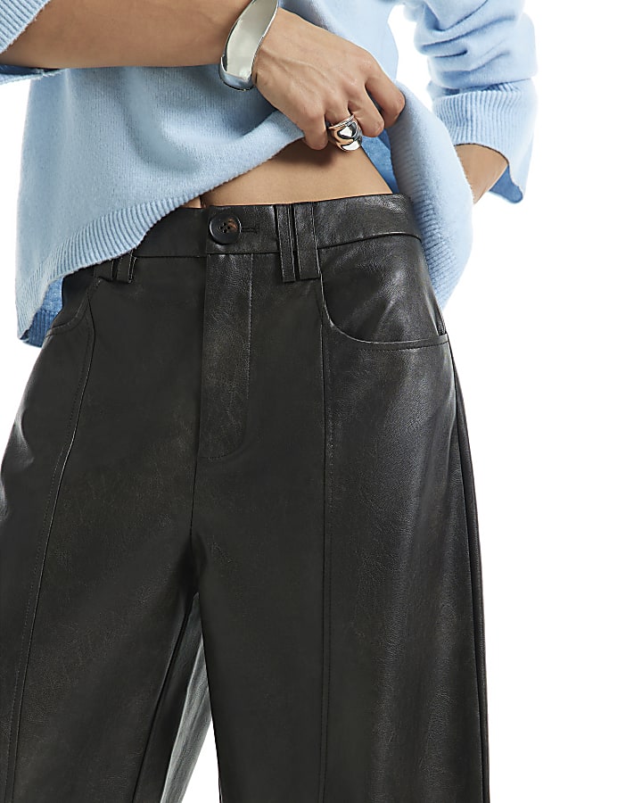 Brown Faux Leather Seamed Barrel Leg Trousers