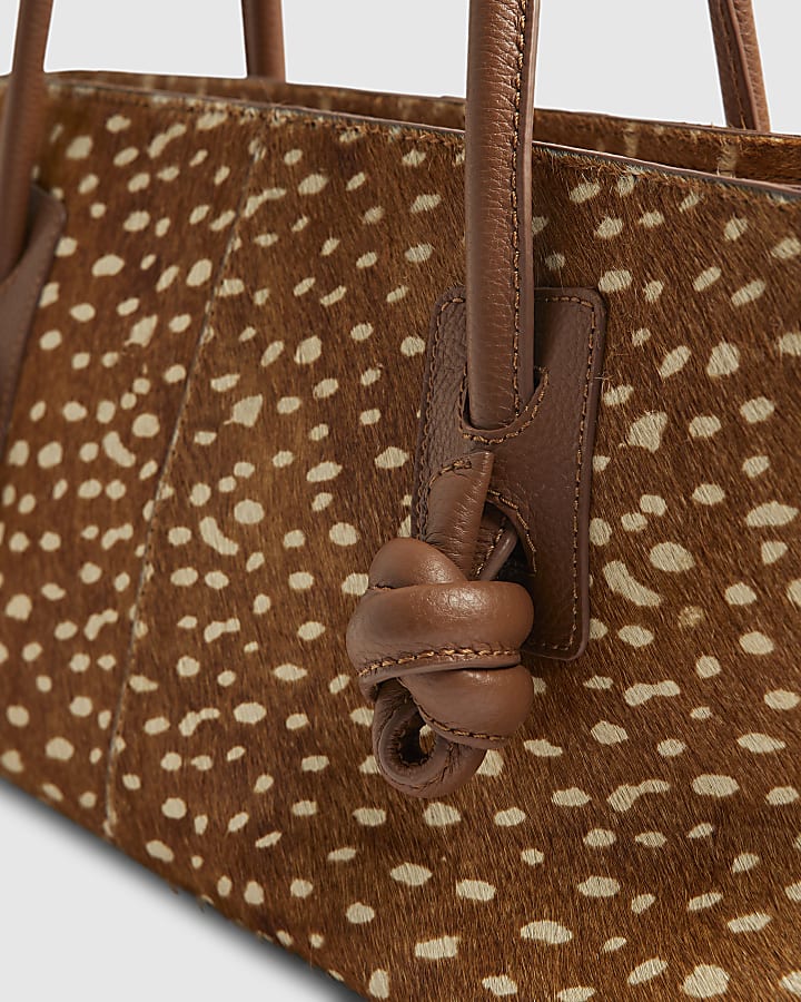 Brown Deer Print Hair On Leather Tote Bag