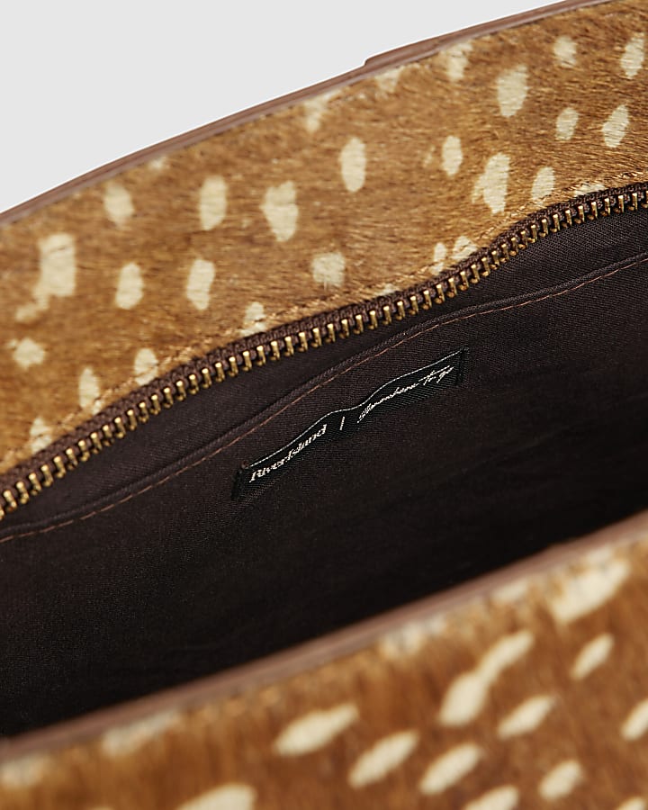 Brown Deer Print Hair On Leather Tote Bag