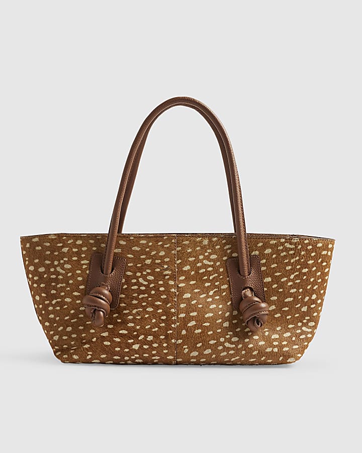 Brown Deer Print Hair On Leather Tote Bag