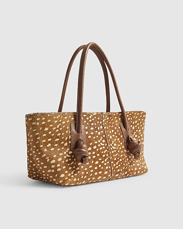 Brown Deer Print Hair On Leather Tote Bag