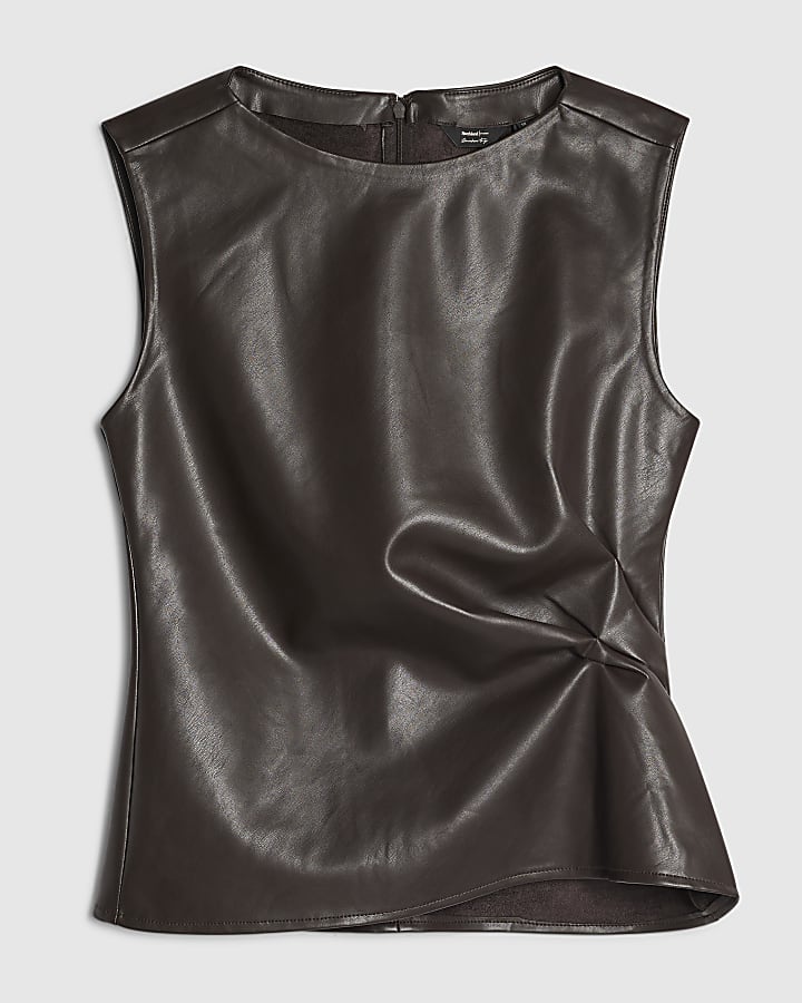 Brown Ruched Side Sleeveless Top