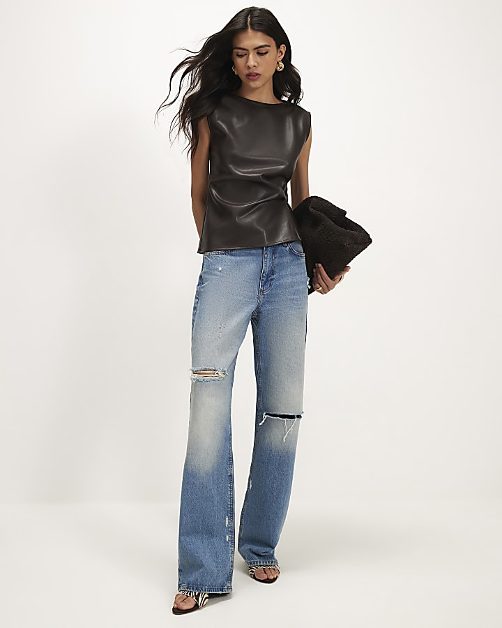 Brown Ruched Side Sleeveless Top