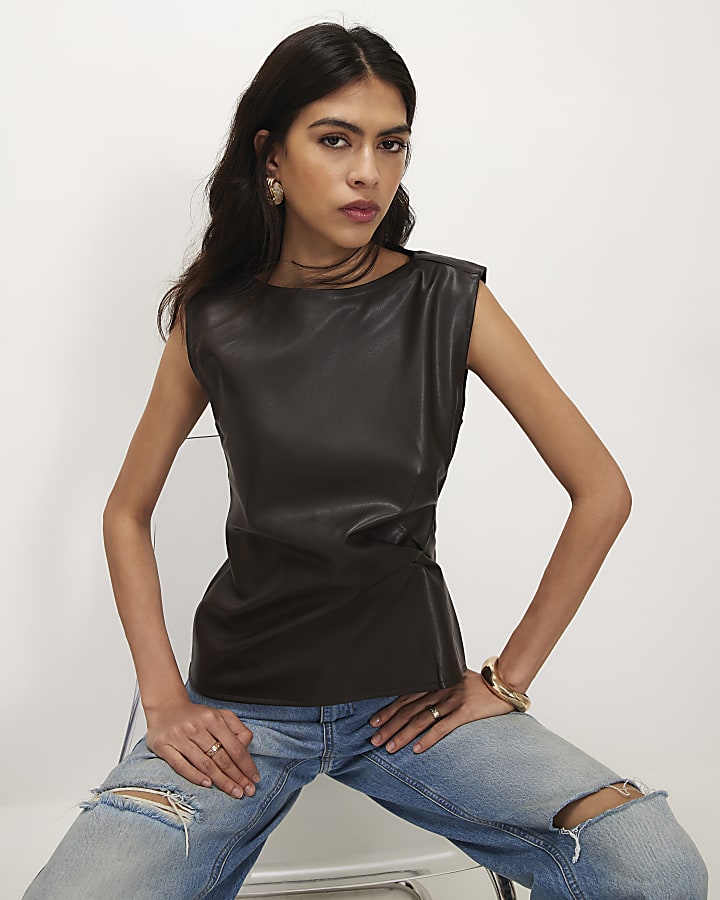 Brown Ruched Side Sleeveless Top