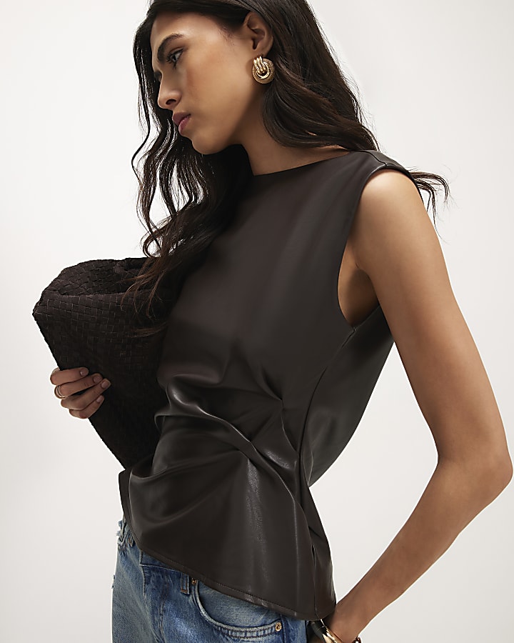 Brown Ruched Side Sleeveless Top