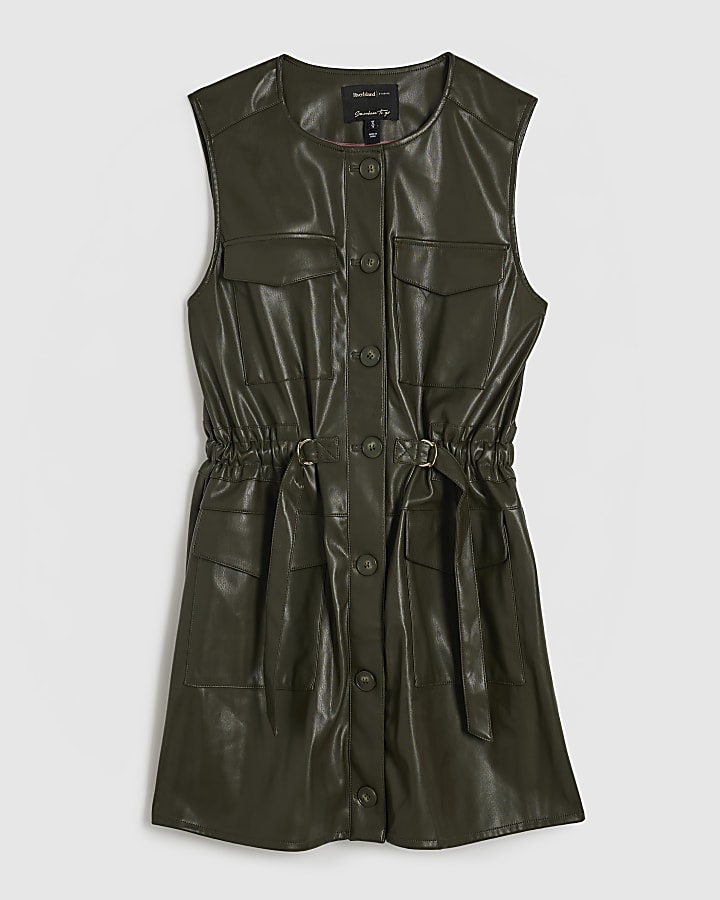 Khaki Faux Leather Utility Mini Dress
