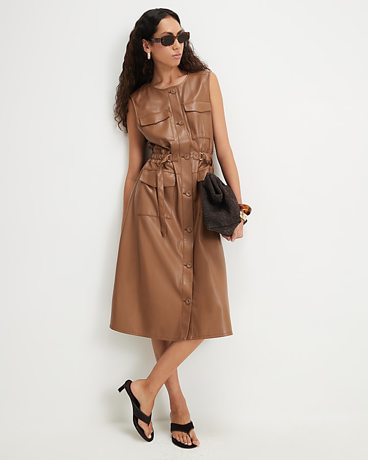 Brown Faux Leather Utility Midi Dress