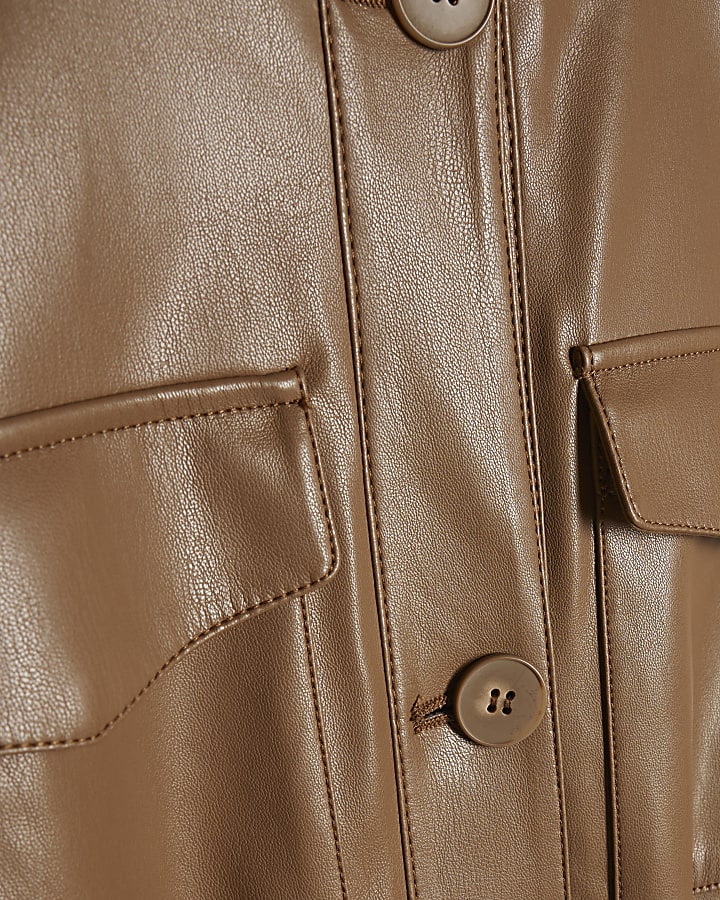 Brown Faux Leather Utility Midi Dress