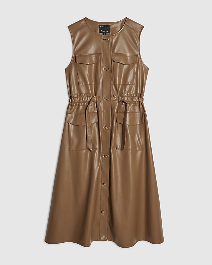 Brown Faux Leather Utility Midi Dress