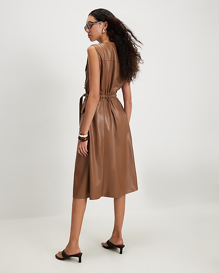Brown Faux Leather Utility Midi Dress
