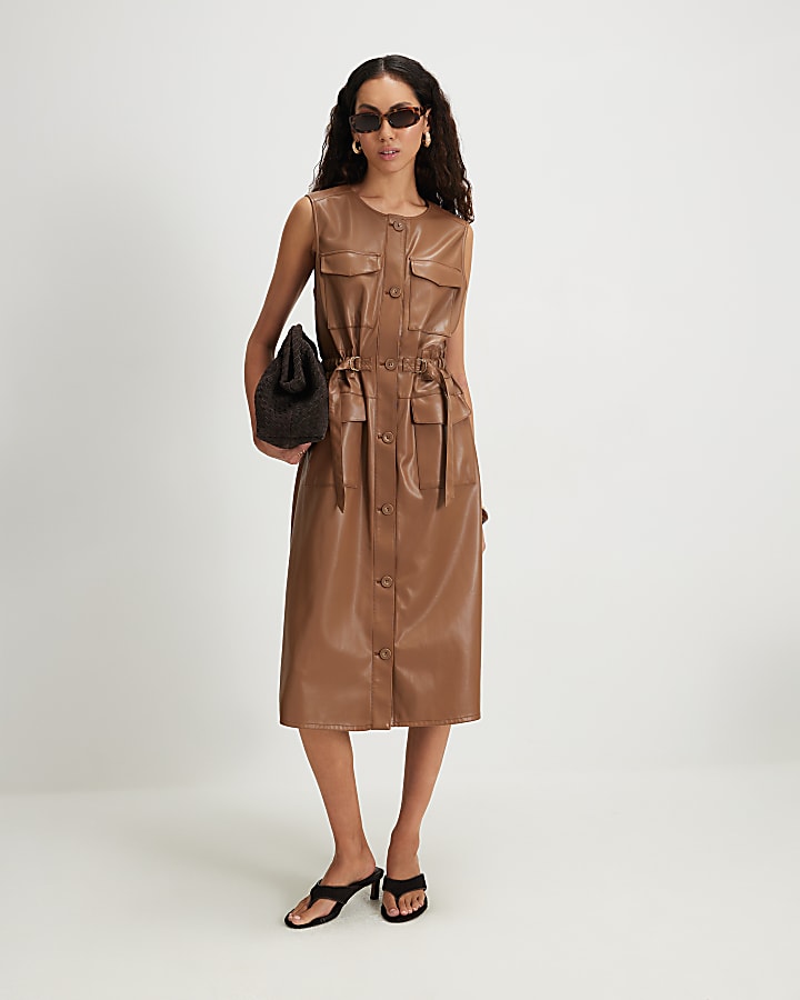 Brown Faux Leather Utility Midi Dress