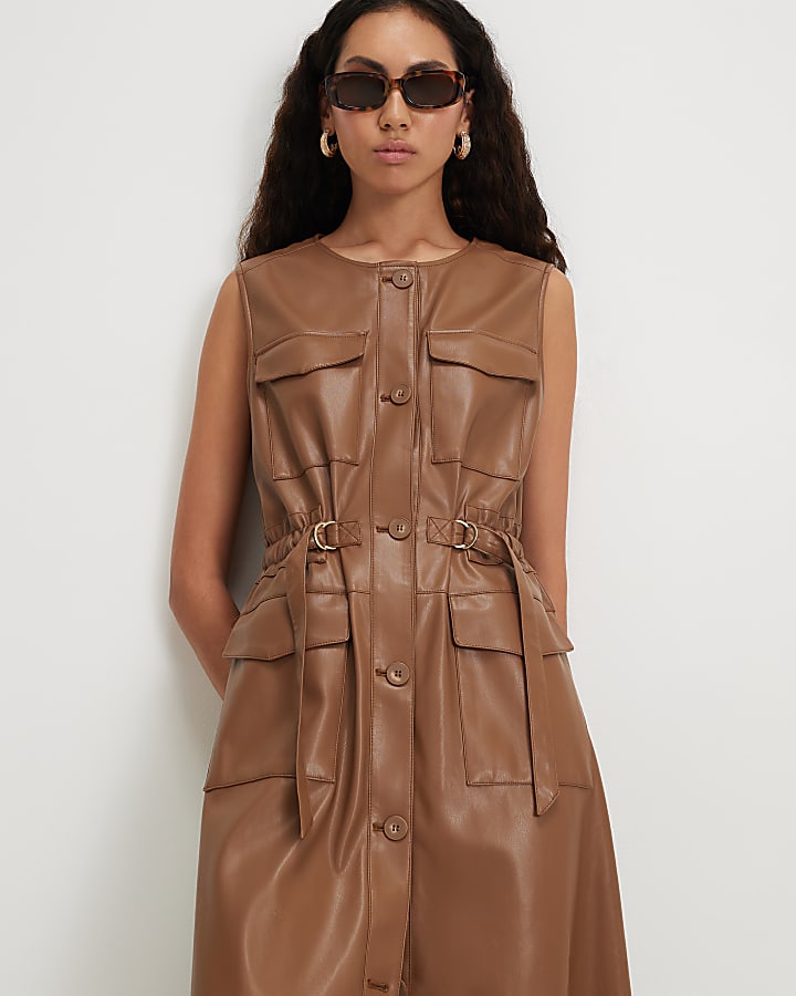 Brown Faux Leather Utility Midi Dress
