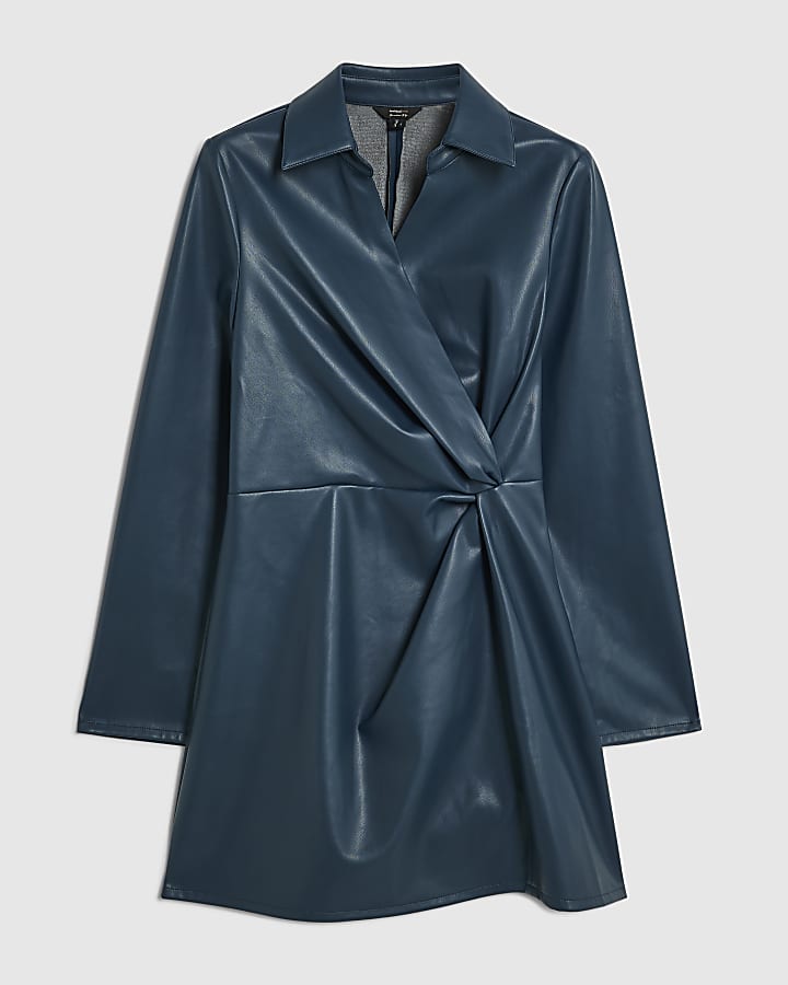 Blue Faux Leather Twist Front Mini Dress