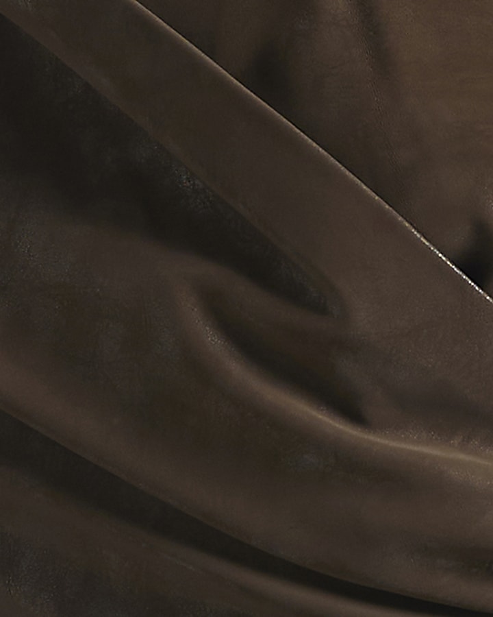 Brown Faux Leather Twist Front Mini Dress