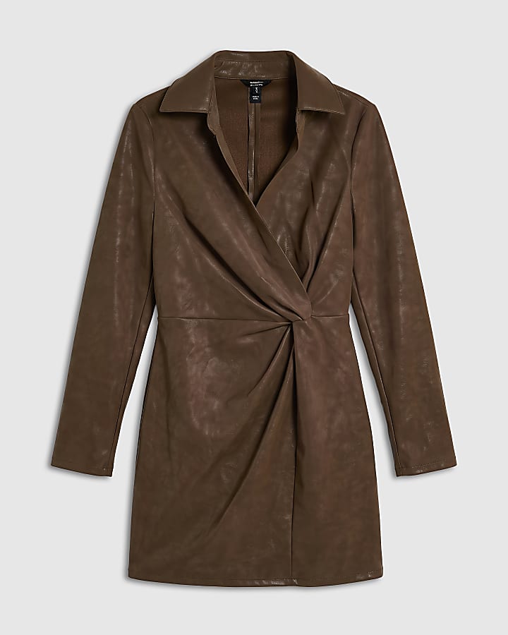 Brown Faux Leather Twist Front Mini Dress