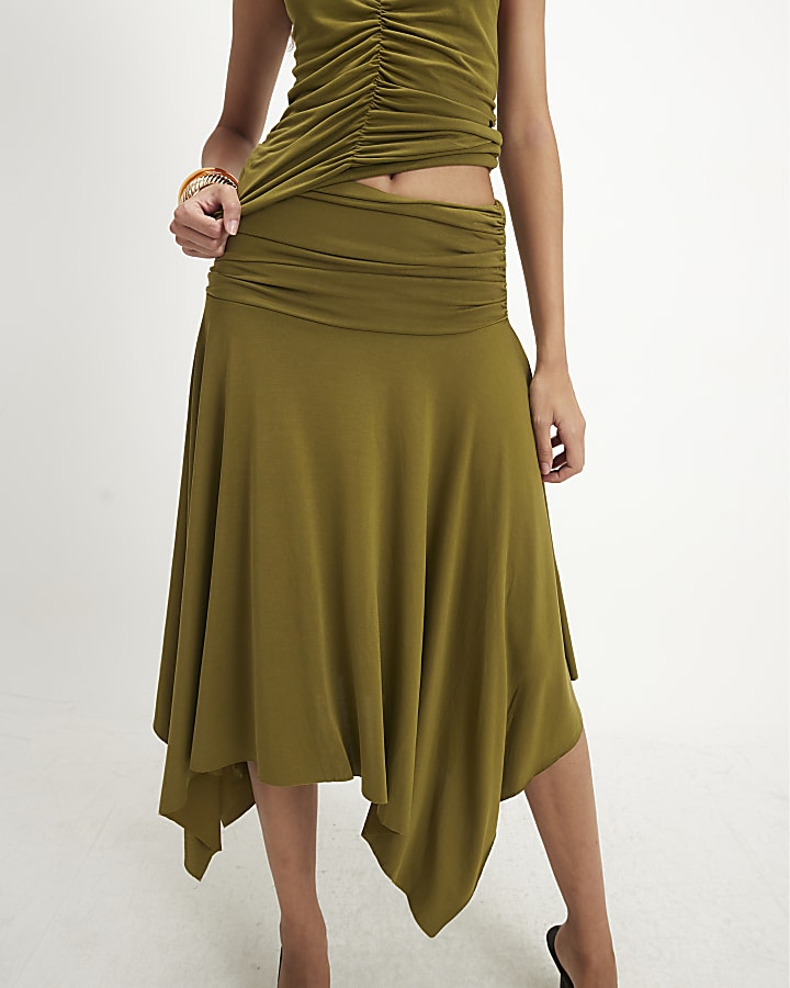 Green Hanky Hem Midi Skirt