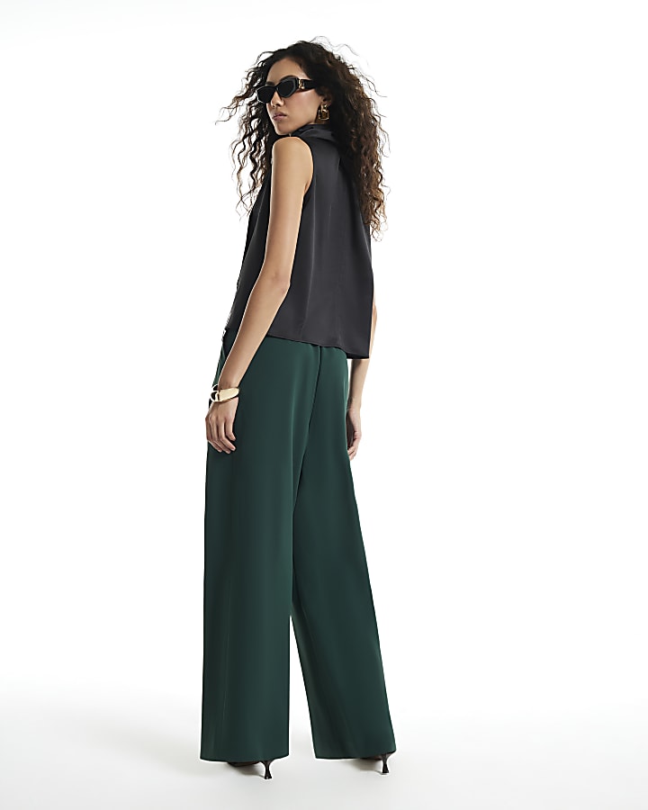 Green Crepe Wide Leg Trousers
