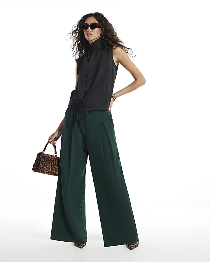 Green Crepe Wide Leg Trousers