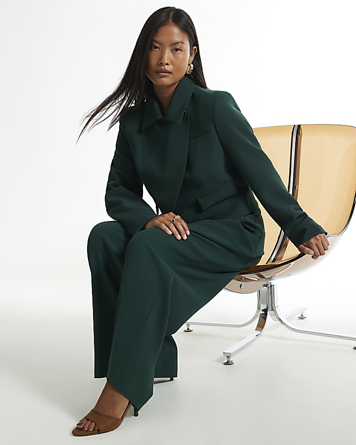 Petite Green Crepe Wide Leg Trousers