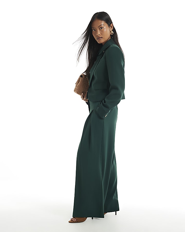 Petite Green Crepe Wide Leg Trousers