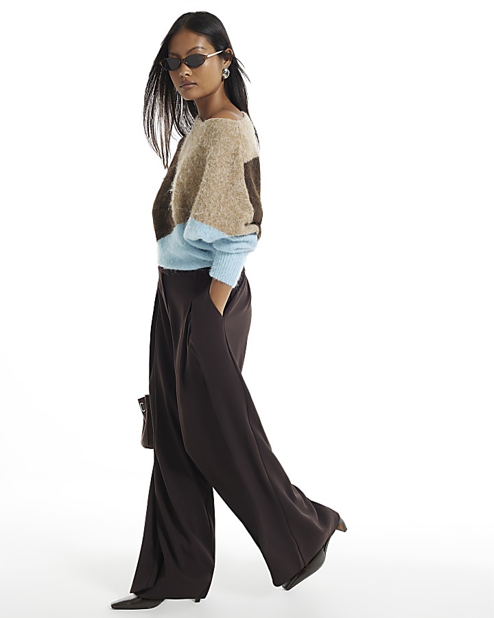 Petite Brown Crepe Wide Leg Trousers