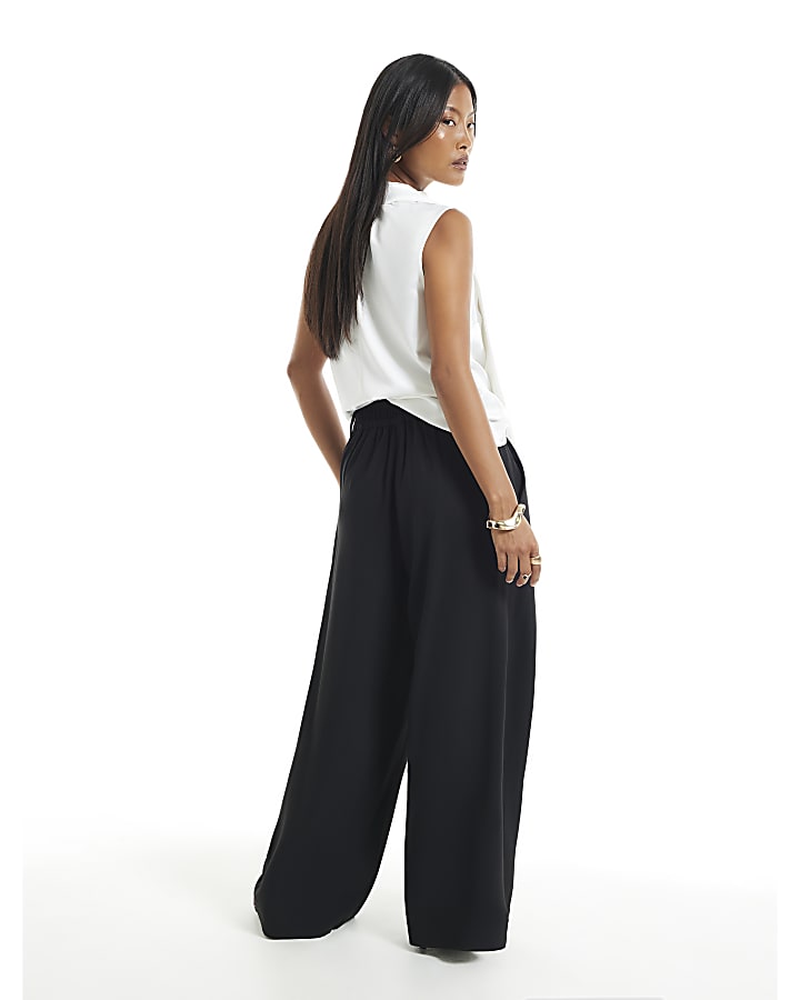 Petite Black Crepe Wide Leg Trousers