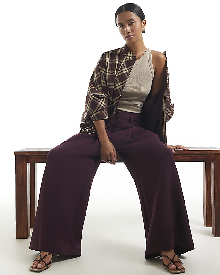 Petite Purple High Waisted Wide Leg Trousers