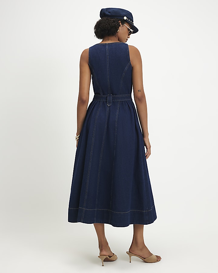 Blue Denim Belted Pocket Longline Midi Dress