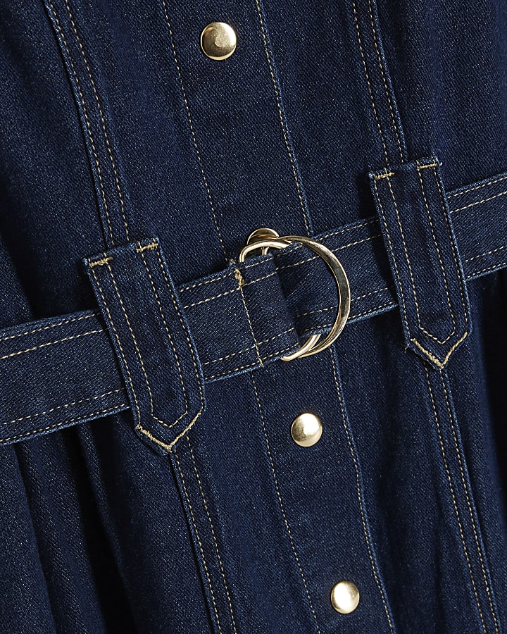 Blue Denim Belted Pocket Longline Midi Dress