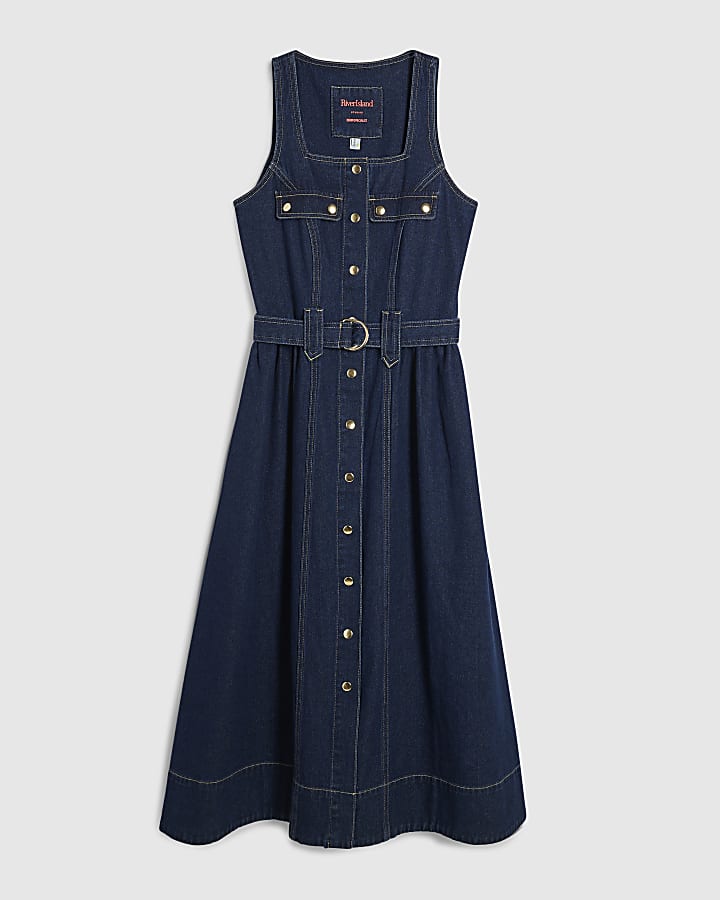 Blue Denim Belted Pocket Longline Midi Dress