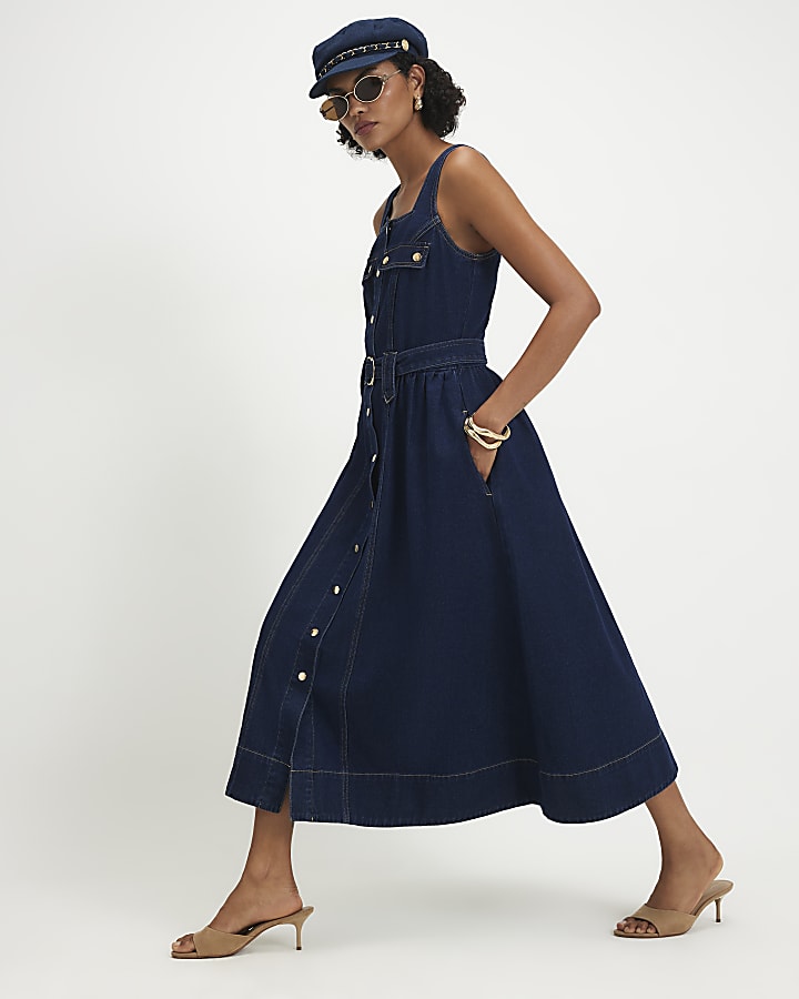 Blue Denim Belted Pocket Longline Midi Dress