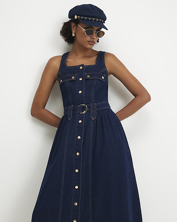 Blue Denim Belted Pocket Longline Midi Dress