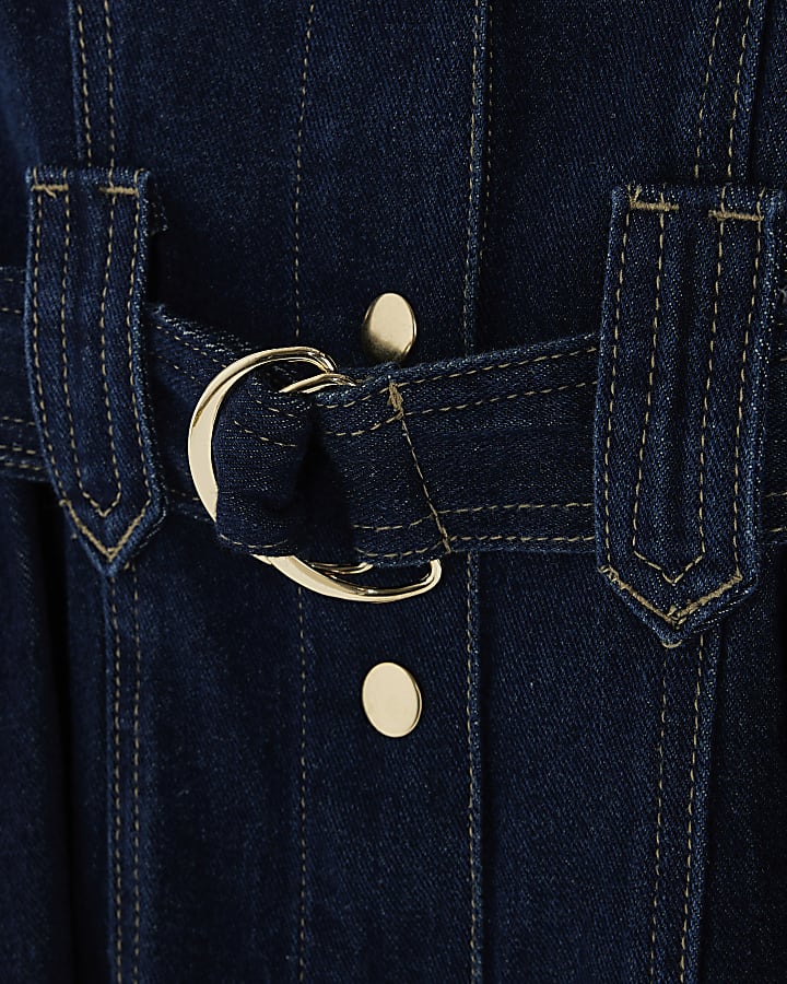 Blue Denim Long Sleeve Belted Swing Dress