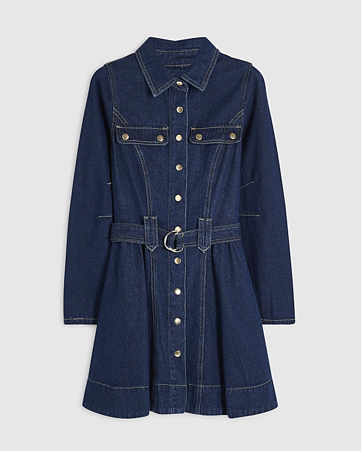 Blue Denim Long Sleeve Belted Swing Dress