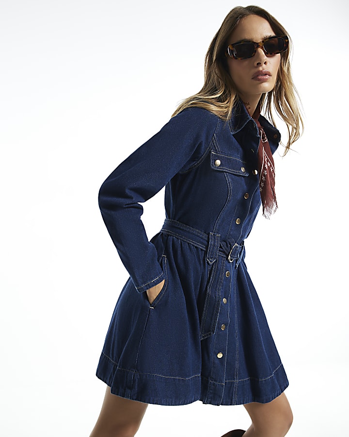Blue Denim Long Sleeve Belted Swing Dress