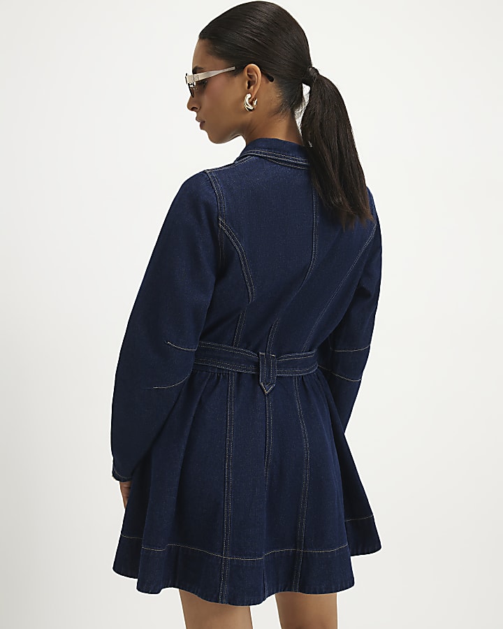Petite Blue Belted Denim Swing Dress