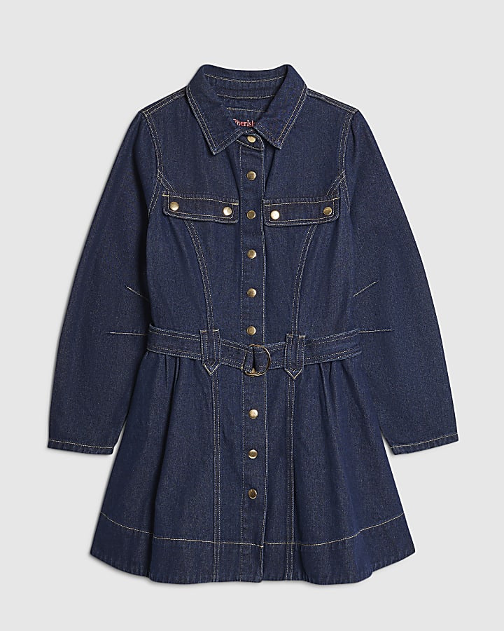 Petite Blue Belted Denim Swing Dress